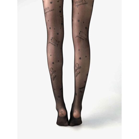 ⭐ Astrology Zodiac Constellations Celestial Print Black Sheer Nylon Tights NEW - Picture 2 of 16